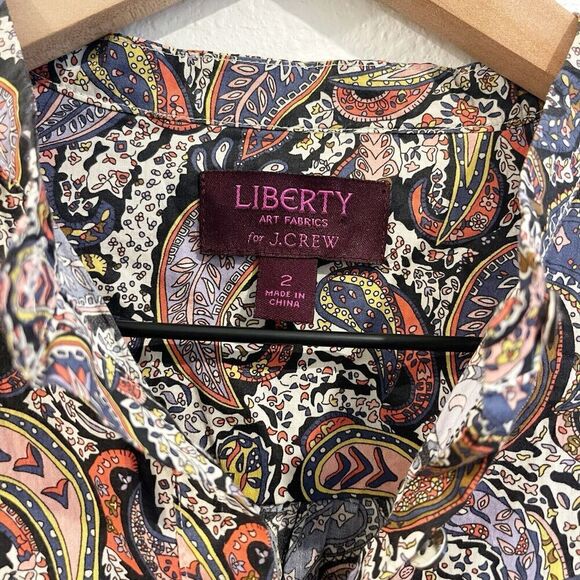 J Crew Liberty Of London Blouse Women Sz 2 Purple Paisley Art Deco Floral Office - Picture 5 of 12